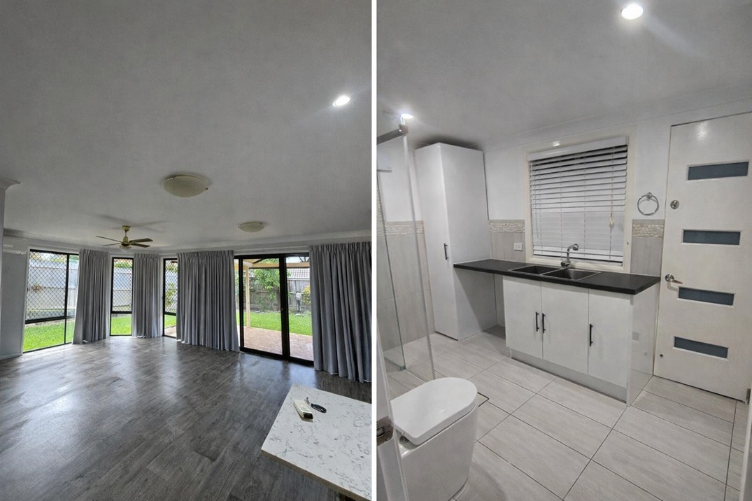 Bond cleaning service in North Lakes showing cleaned living room and bathroom after end of lease cleaning